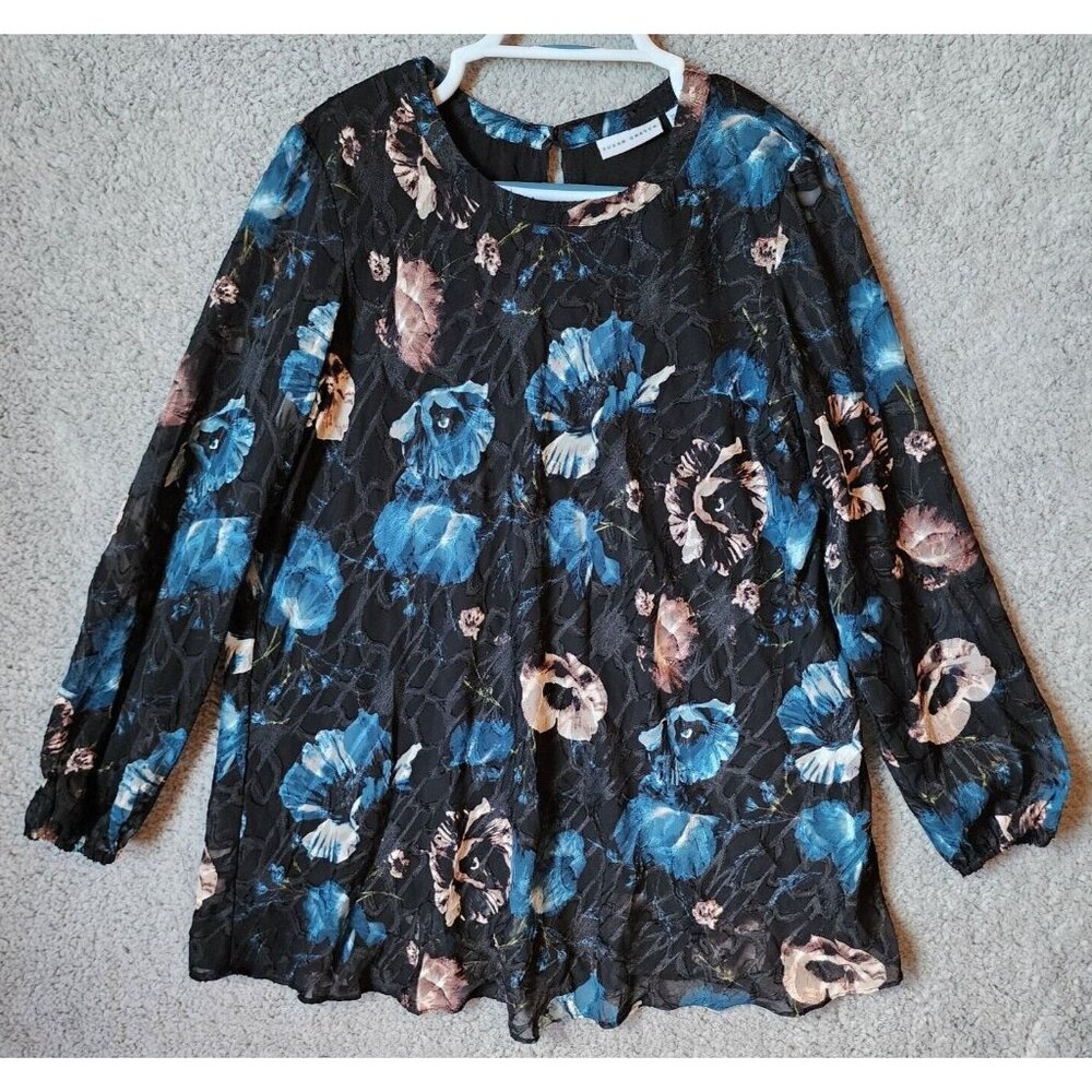 Susan Graver Women's Long Sleeve Jacquard Blouse Top Lined Black‎ Floral Size S